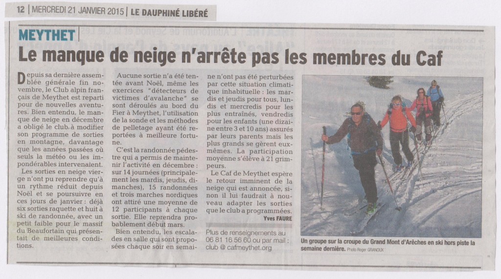 Article Dauphiné Libéré - 21 janvier 2015