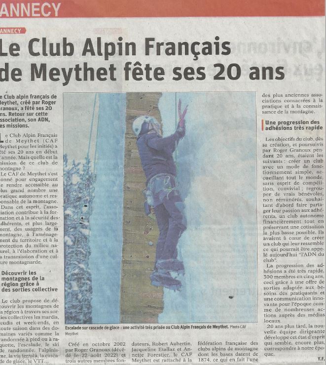 Un article dans le Dauphiné pour les 20 ans du club
